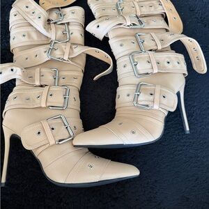 Beige Strappy Buckle High-Heel Boots - Women's Fashion Booties